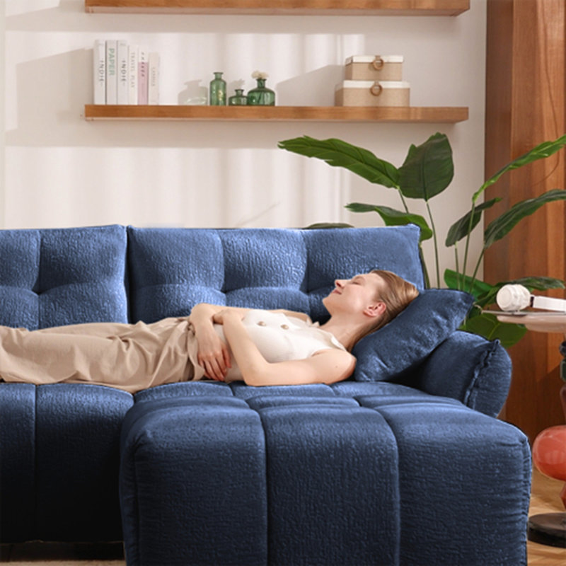 Canapé en tissu d'ameublement avec repose-pieds Chenille, Bleu, H 35 po x l 79 po x P 33 po