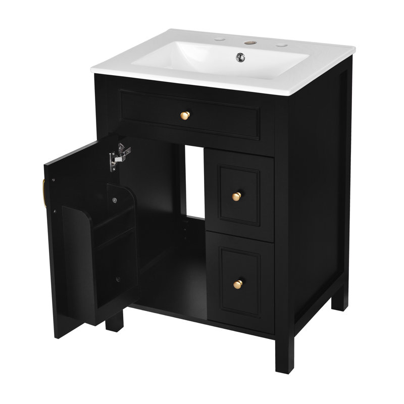 Meuble-lavabo de 24 po avec lavabo en céramique, portes et tiroirs à fermeture en douceur et poignées en métal doré rétro
