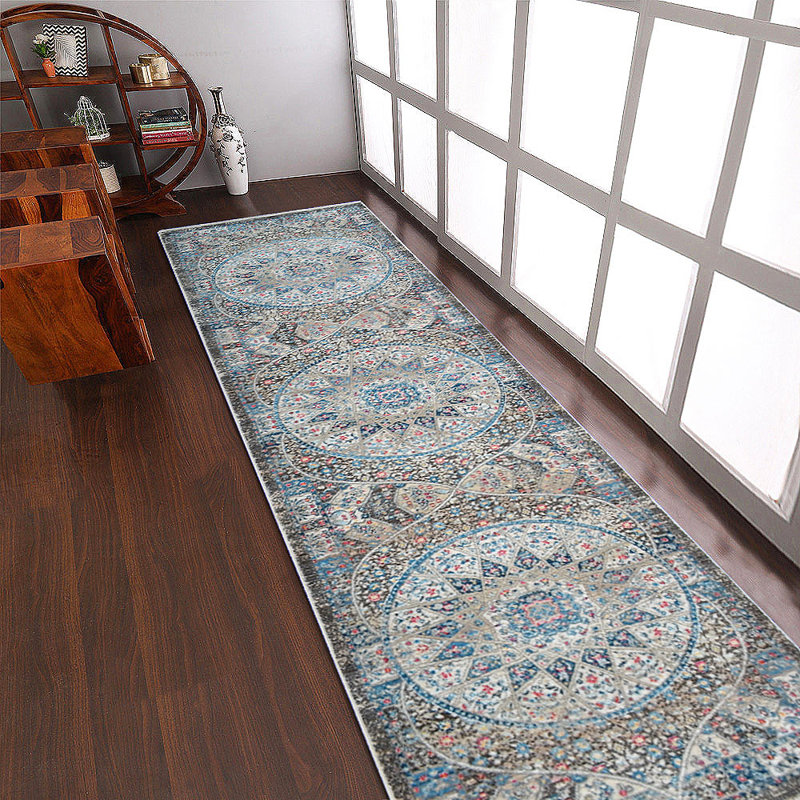 Beier Area Rugs for Living Room Bedroom, Machine Washable Rug, Indoor Floor Machine Woven Cross weave Polyester Area Rug – Runner | Gray & Blue Color | Oriental Design