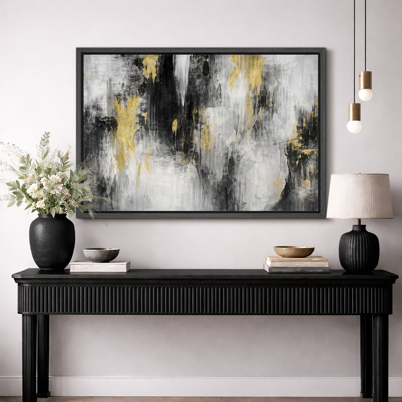 Abstrait abstrait or noir, art abstrait vertical, photos de salon contemporain, impression sur toile encadrée, Cadre noir