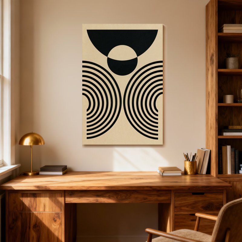 Dessin abstrait géométrique noir et beige, H 16 po x l 24 po