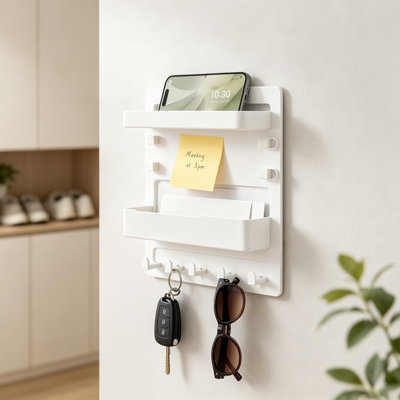2‑Tier Adhesive Bedside Shelf with Hooks, White