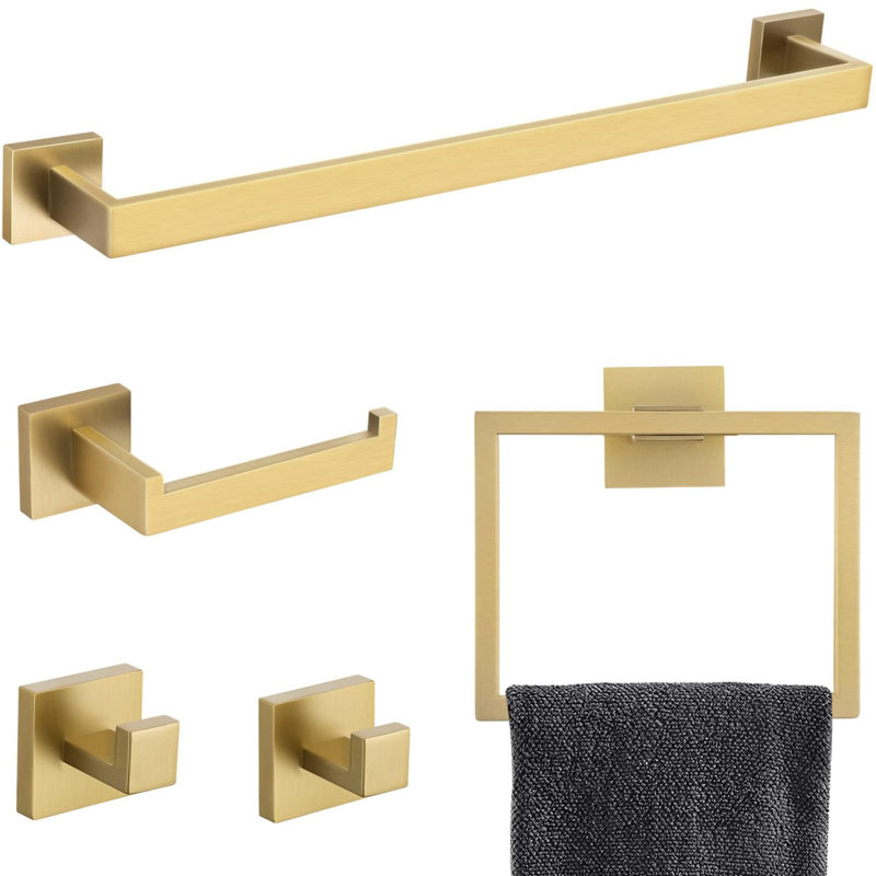 5 Piece Wall Mounted Bathroom Hardware Set Towel Bar Set, Brushed Gold