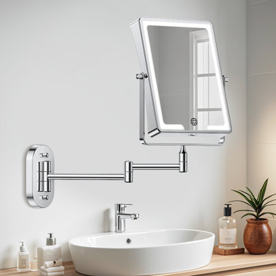 Aaliegha Chrome Metal Rectangle LED Lighted 10X Magnifying Wall Mounted Bathroom Vanity Makeup Mirror