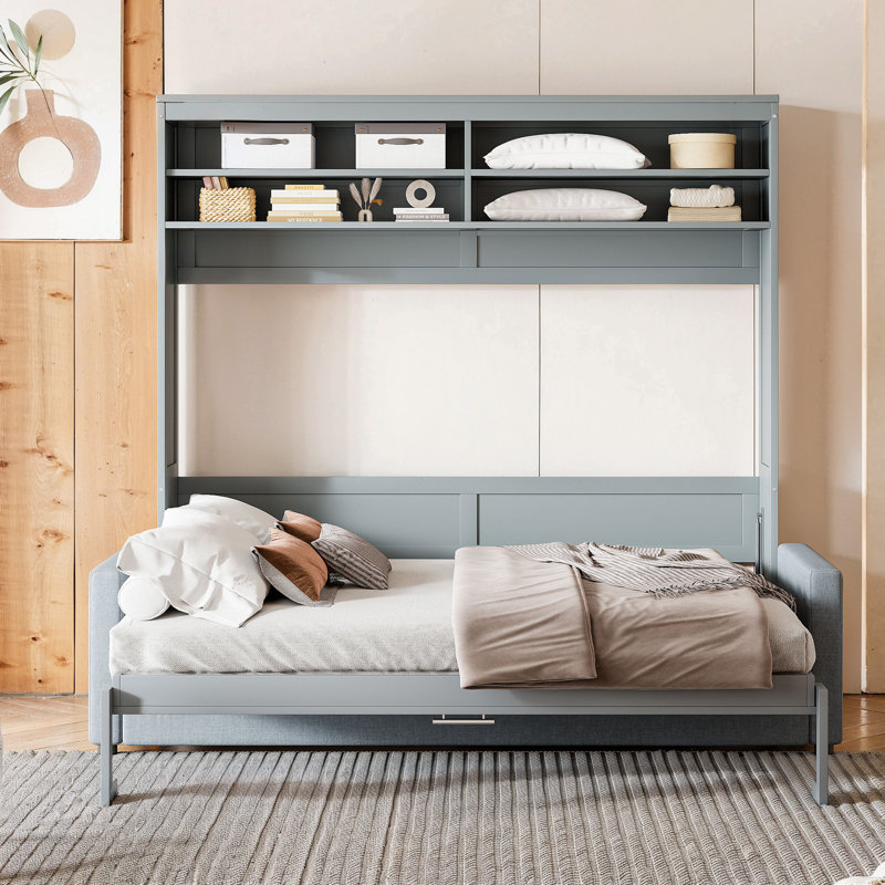 Grand lit escamotable mural avec canapé et tablettes, lit plateforme, Gris