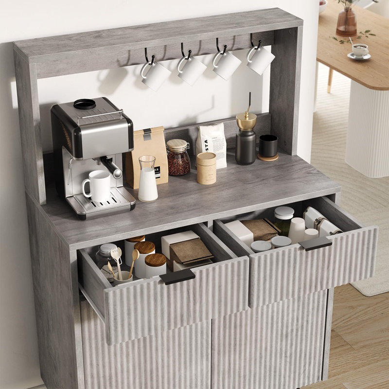 Buffet cannelé avec rangement, armoire à café moderne avec tablettes réglables et 2 tiroirs, Gris