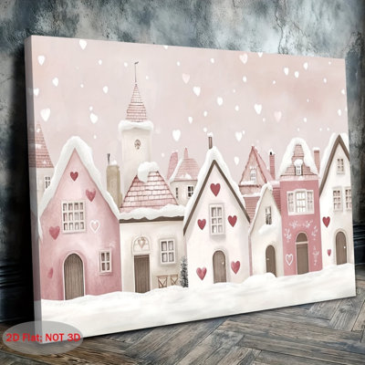 Whimsical Blush Pink Heart Winter Village Canvas Print - Urban Studio