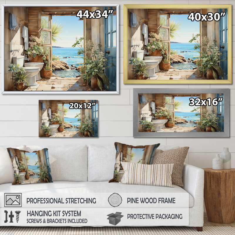 " Bathroom Toilet Coastal Escape I ", Silver Picture Framed, 30" H x 40" W x 1.5" D