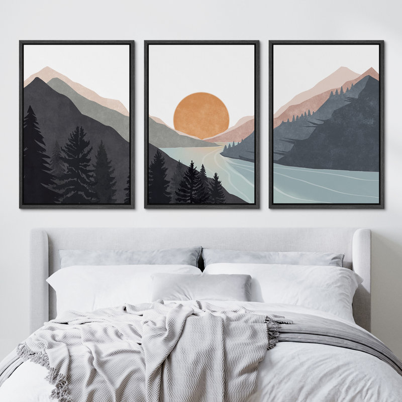 «Sun Mountain Landscape Range Abstract Lake Nature», ensemble de 3 reproductions d'art sur toile encadrées, Noir