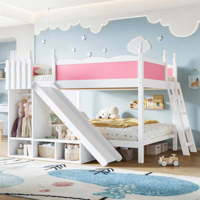 Lit superposé double au-dessus de double avec tablettes de rangement, lit superposé en bois massif avec glissières et échelles, conception à profil bas et sécurité accrue (sans matelas)
