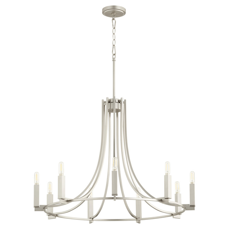 Lustre en roue de chariot à 9 lumières de style bougie Analie, Nickel satiné