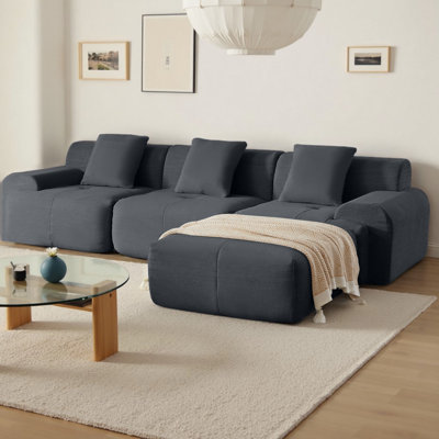 113" Modern L-Shaped Modular Sectional Sofa Oversized 3-Seater with Deep Seat & Movable Ottoman, Corduroy Upholstery, No Assembly Required, Vacuum-Packed for Easy Delivery