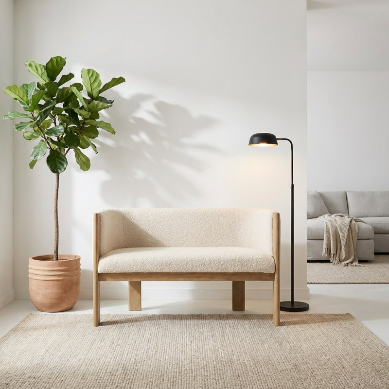 Compact Two-Seater Upholstered Loveseat with Solid Wood Frame and Polyester Fabric, Almond, Natural Ash