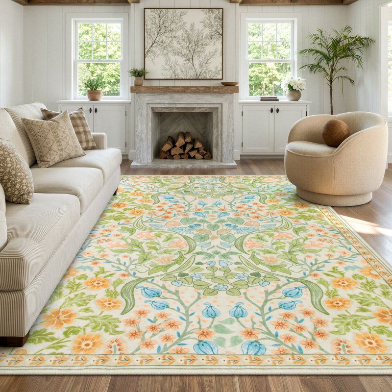 Tapis lavable à motif floral Kaldi, Rectangulaire 8 pi x 10 pi, Sarcelle