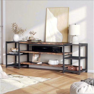 Meuble télé 78,7 po pour les téléviseurs de 85 pouces et plus, centre de divertissement de style campagne moderne avec tablettes de rangement ventilées à 3 niveaux et dossier en filet d'acier