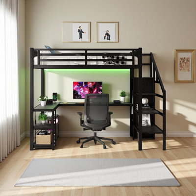 Metal Full Loft Bed With Wardrobe And LED Light, Full Size Loft Bed With L Shaped Desk And USB For Kids Teens Adults, Black