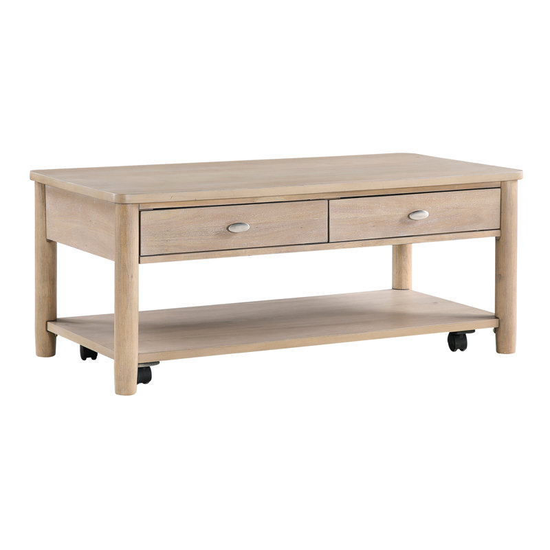 Table de salon en placage avec deux tiroirs et étagère ouverte avec tiroir de rangement en bois naturel et tablette inférieure