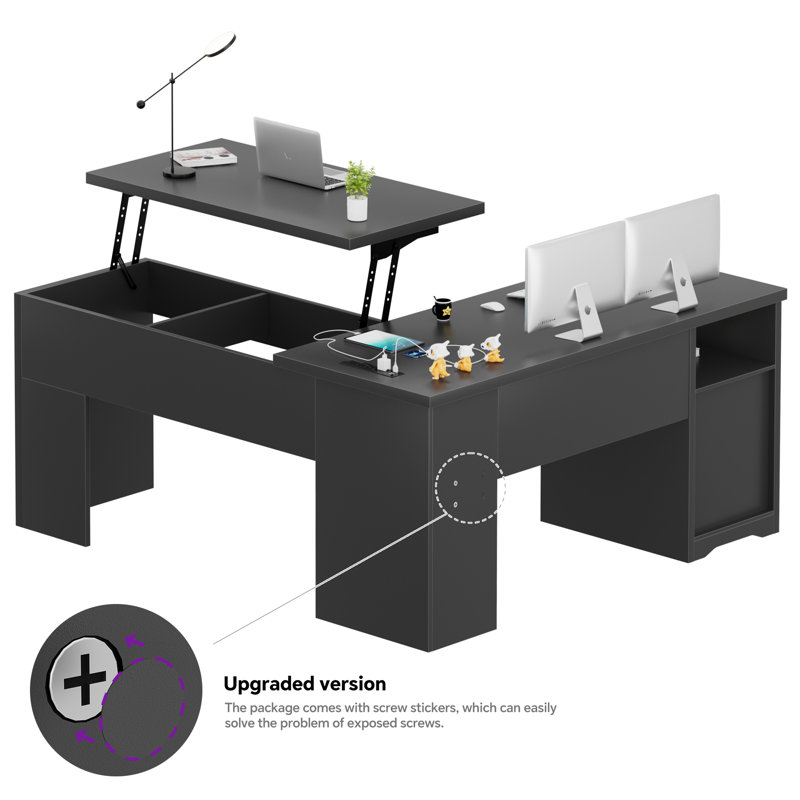 Swapan 56'' Lift Top L-Shaped Desk with Drawers and Power Outlets, Executive Desk, Black