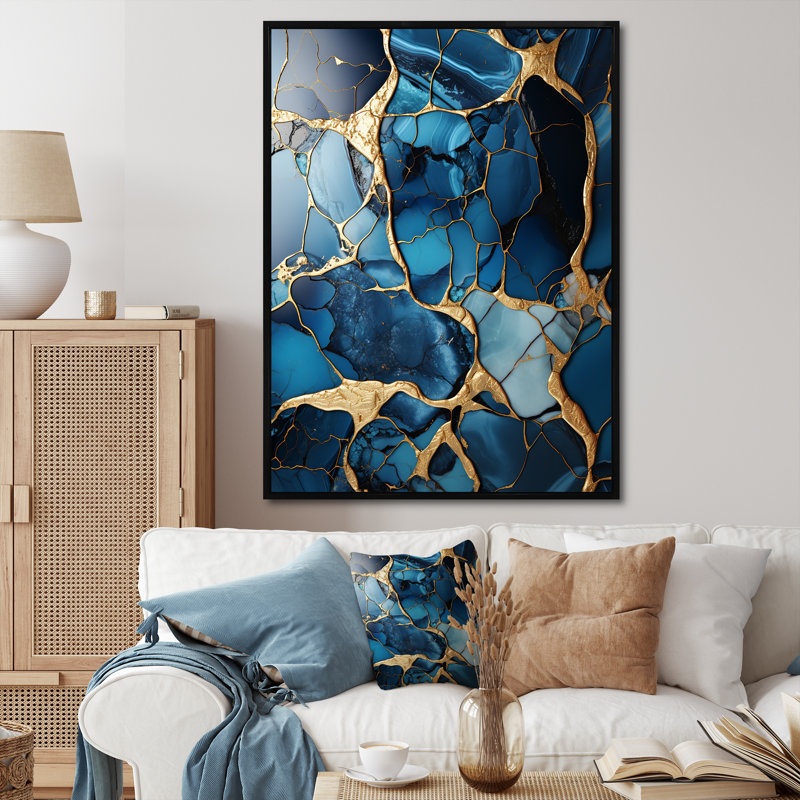 Or et mosaïque de marbre bleu saphir VI, Cadre flottant noir, 40" H x 30" W