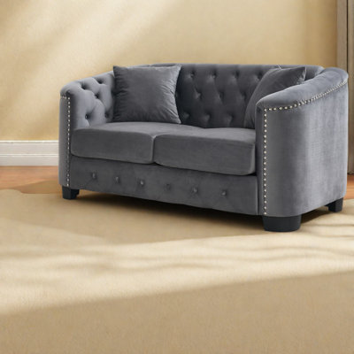 Canapés à compression, Chesterfield en velours gris de 150 cm, style moderne et compact pour la maison