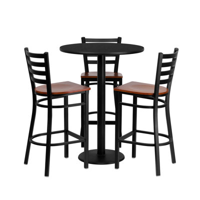 Clark 30" Round Laminate Table Set with 3 Metal Barstools - Cherry Wood Seat