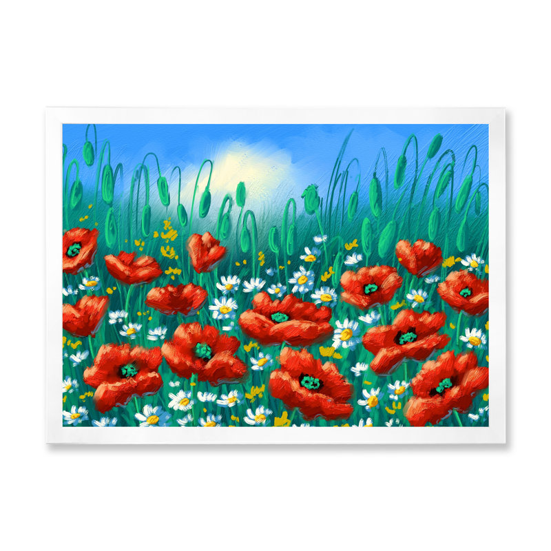 Paysage coquelicots - sur, H 8 po x l 12 po x P 1 po, Cadre d'angle fermé blanc
