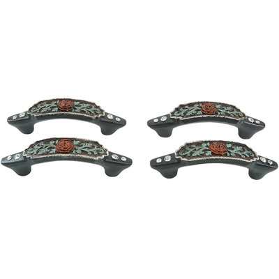 Ebros  6" Wide Set Of 4 Western Red Rose With Green Vines Scroll Lace Design Sculpted Resin In R