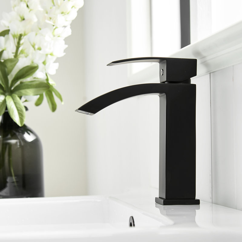 Contemporary Black Bathroom Tap, Deck-Mounted Single Hole Basin Faucet With Handle And Side Modern Ceramic Filler Geometric Shape