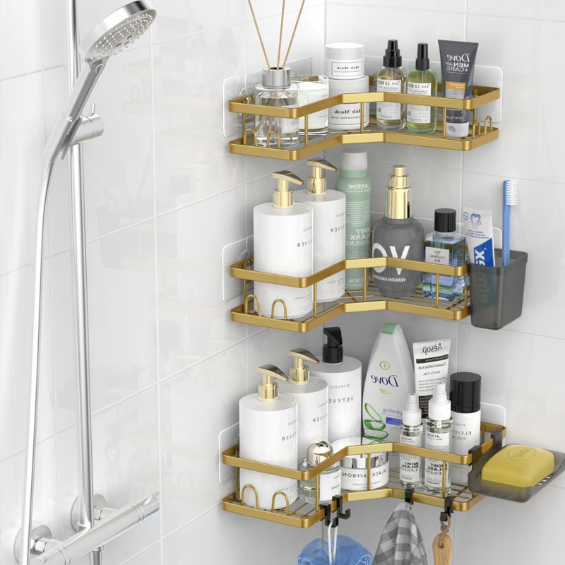 3Pack Rustproof Corner Shower Caddy Organizer Shelf, 2.8" H x 10.7" W x 4.9" D, Cool Gold