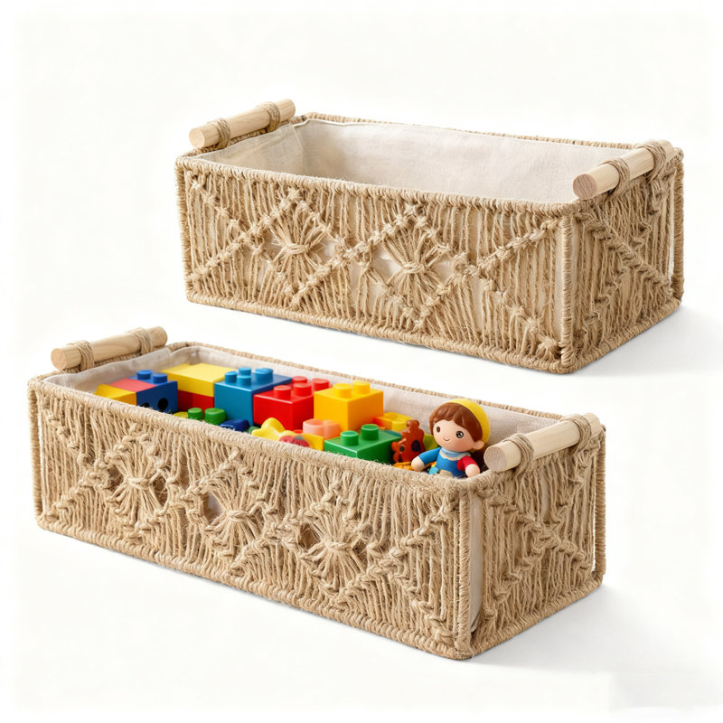 Storage Baskets, Set Of 2 Handmade Woven Boho Decor Boxes - Natural Seagrass & Paper Rope Basket For Countertop, Shelf, Cabinet Organization In Bedroom, Living Room, Bathroom