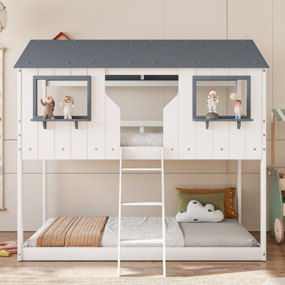 Twin Over Twin Bunk Bed Wood Bed With Roof, Window, Guardrail, Ladder (White)(OLD SKU: LT000045AAK-1)