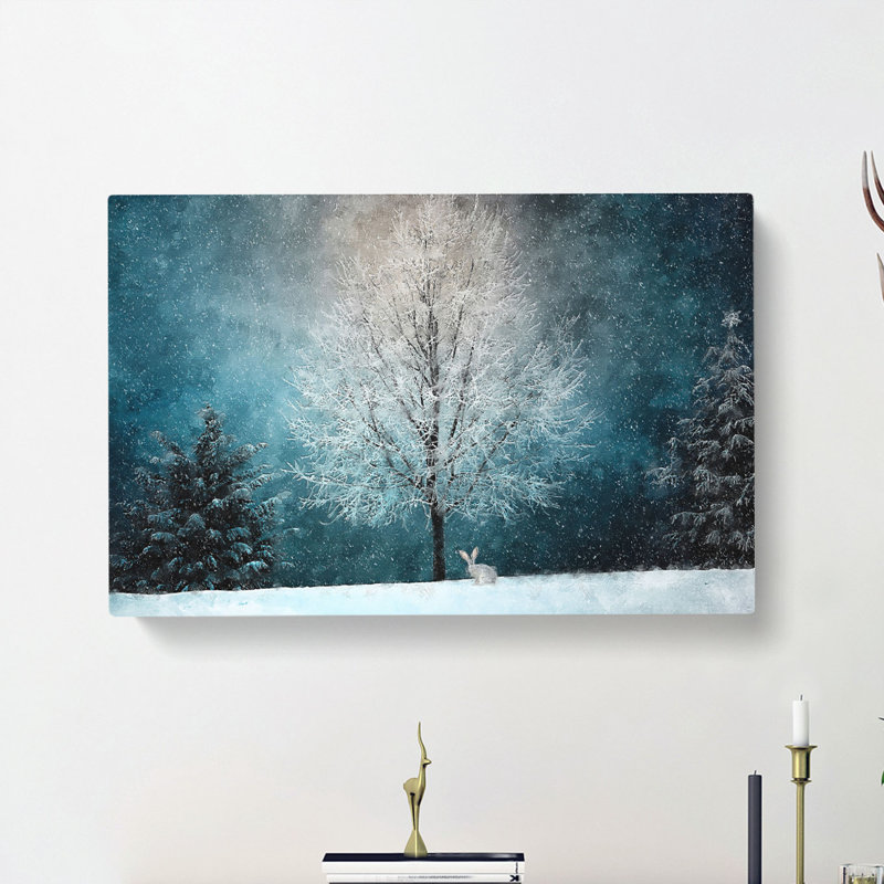 Hare In A Winter Forest - Wrapped Canvas Painting, 60cm H x 91cm W x 3cm D