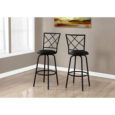 Of 2 Contemporary Bar Stools, Swivel Seats, Black Metal Base, Leather-Like Cushion, Steady Footrest Movement, Matte Metal, Leather Look Padding, Stable