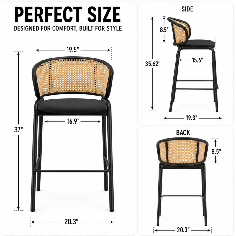 Tabouret de bar à hauteur de comptoir en cuir PU Daishun, chaise d'îlot de cuisine à dossier bas en osier moderne, tabouret de bar de luxe en acier inoxydable noir mat avec repose-pieds