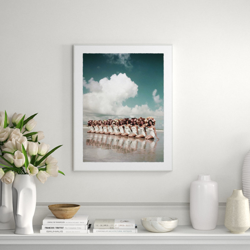 Girls In Matching White Swimsuits And Floppy Hats On The Beach Giclee Print by Getty Images