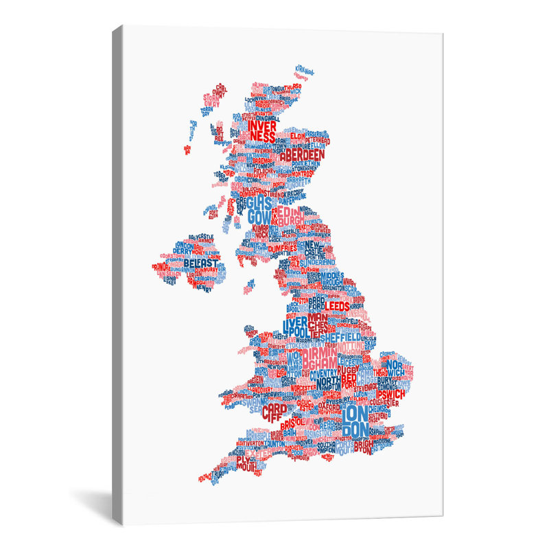 « grande-bretagne villes text map » par michael tompsett, art textuel sur toile, H 18 po x l 12 po x P 1,5 po, Toile tendue