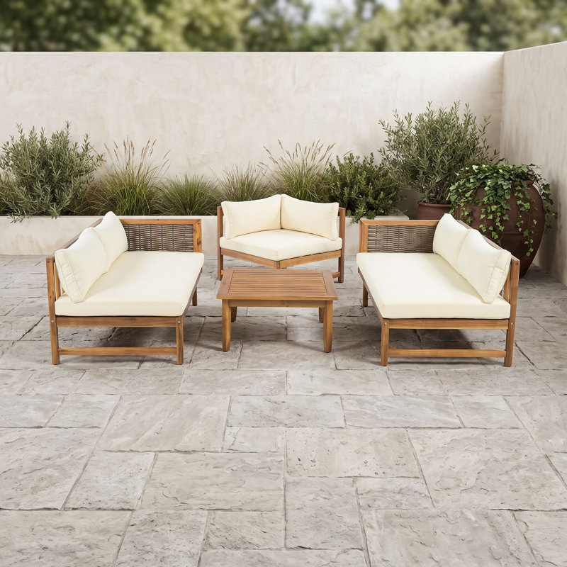Méridiennes de patio en bois avec chaise d'angle, table et coussins, Beige