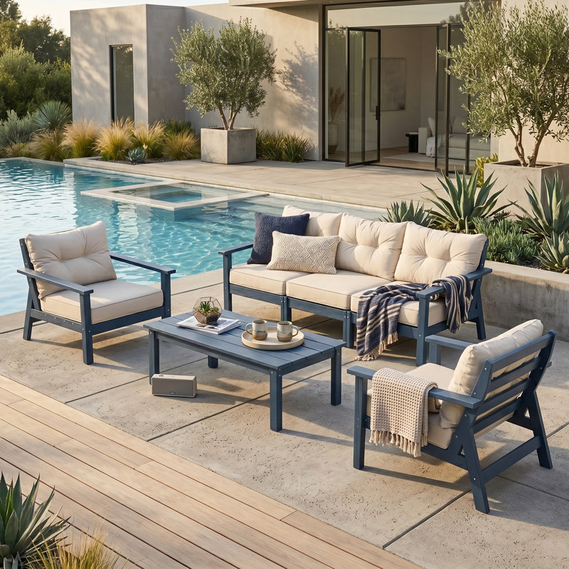 Ensemble de conversation d'extérieur en PEHD pour 5 personnes avec coussins, 4 pièces: table, canapé, 2 chaises, Marine