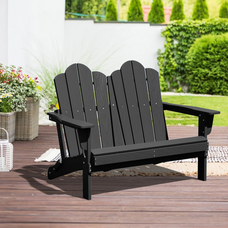 Creaghan 49" W Folding HDPE Double Adirondack Chair, Black