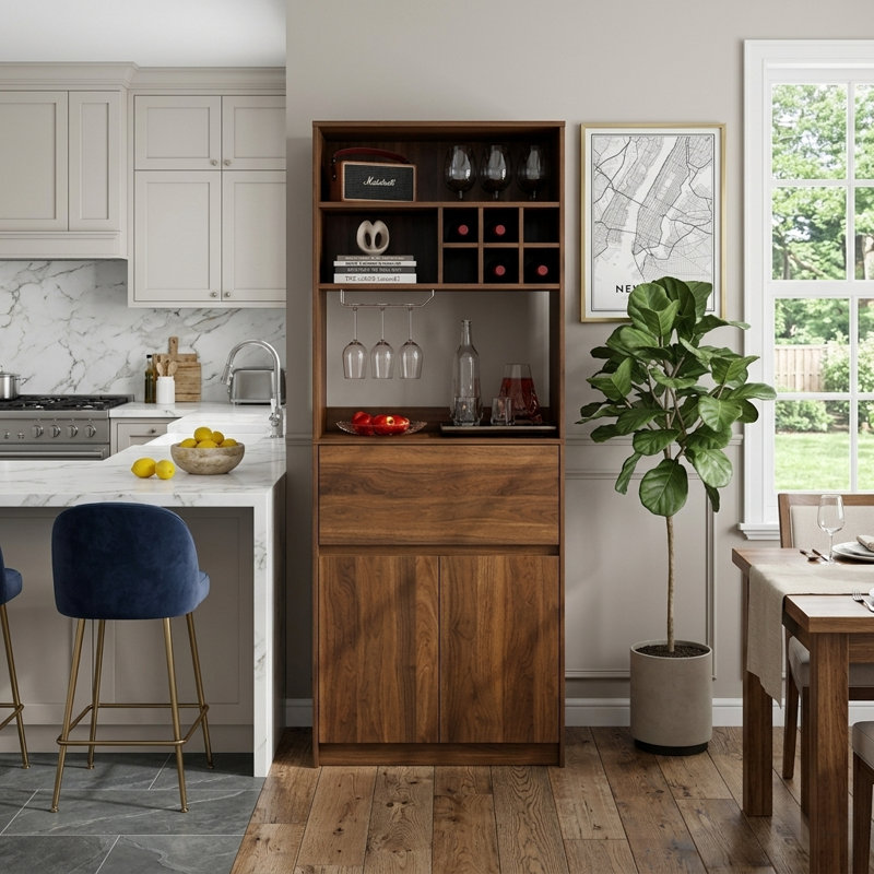 Garde-manger 68 po avec porte-bouteilles et porte-verres, armoire de rangement moderne noyer brun