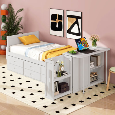 Twin Size Platform Bed With Desk, Storage Shelf, 3 Drawers, Multifunctional Wood Bedframe With Trundle by Red Barrel Studio