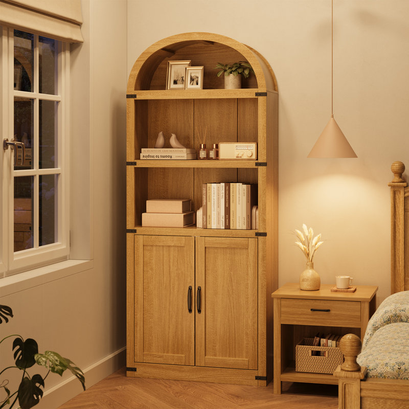 Bookcase 5 Shelf Arched Bookshelf, 72'' Tall Bookcase Farmhouse Display Storage Rack Wooden Bookshelves, Yellow