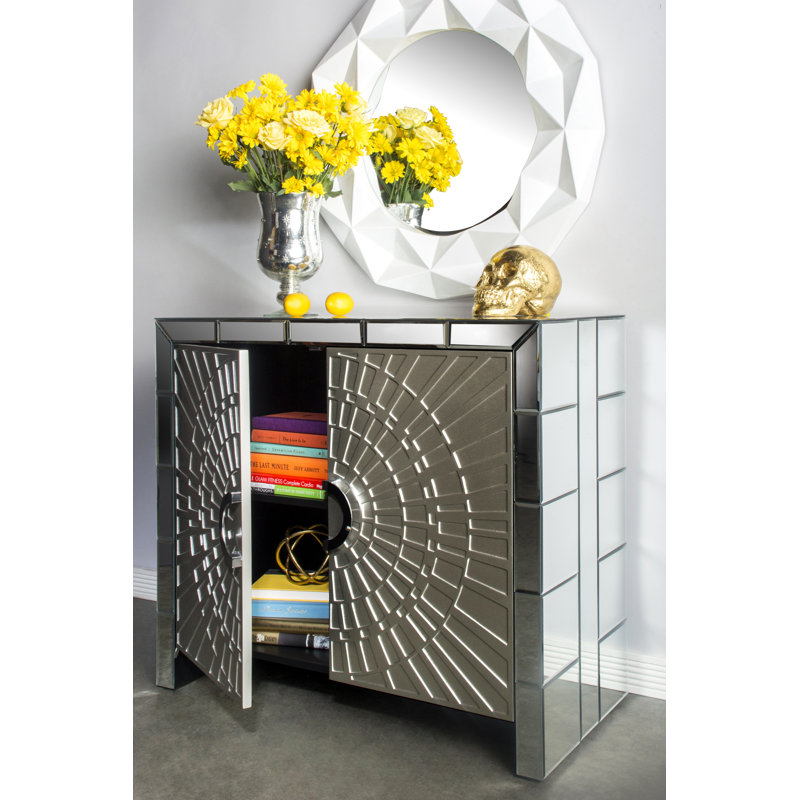 Briarcliff Mirrored Accent Cabinet with Architectural Design and Interior Shelf – Art Deco Inspired Storage Cabinet