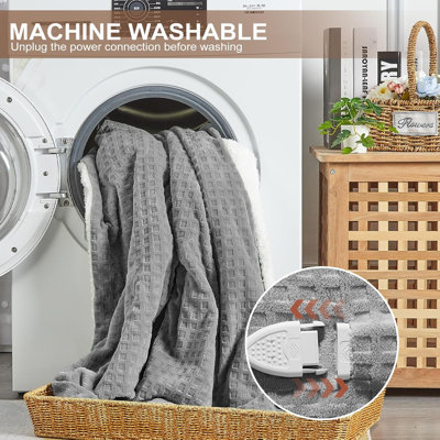 Couverture électrique, jeté chauffant gaufré, certifié ETL, lavable à la machine, flanelle douce et sherpa, 5 niveaux de chauffage, arrêt automatique 4 heures, gris