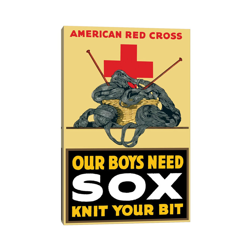 WWI Poster of a Basket of Yarn, Two Knitting Needles, and a Red Cross 1 Piece Wrapped Canvas Wall Art