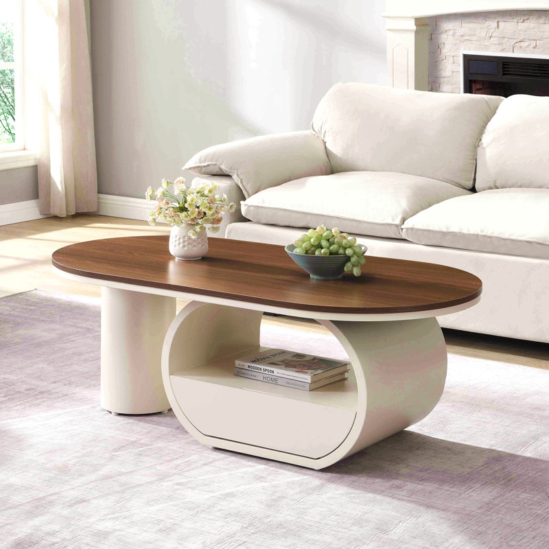 Table basse ovale de luxe, table basse de 47,24 po avec tiroir de rangement, table centrale en métal blanc pour le salon