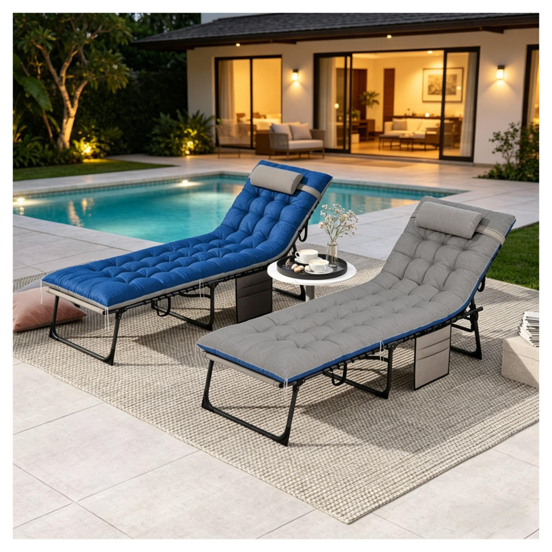 Set of 2 Adjustable Folding Outdoor Chaise Lounge Chairs with 5-Position Backrest, Blue and Gray Mesh Pool Loungers