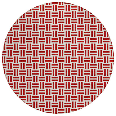 8' Red And Ivory Round Geometric Washable Indoor Outdoor Area Rug