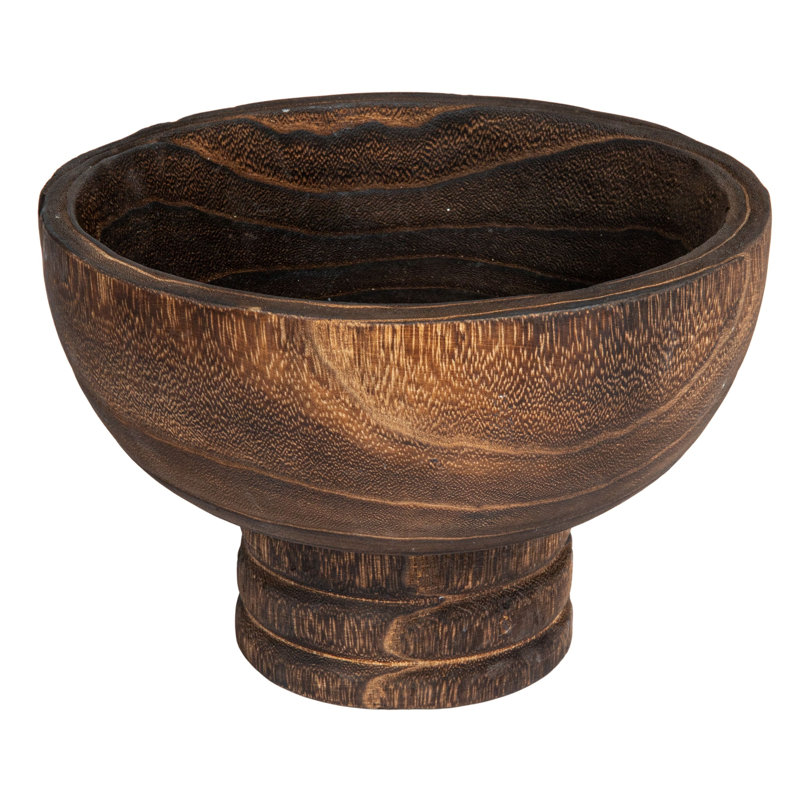 Round Paulownia Wood Pedestal Bowl, Charred Brown