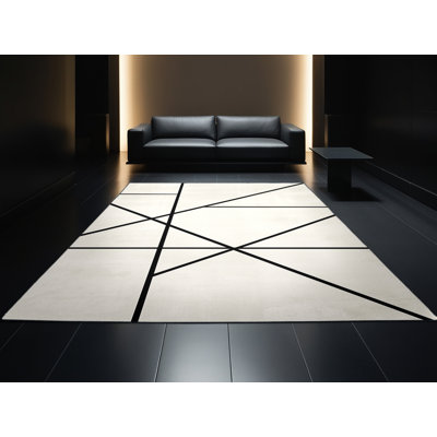 Soft Plush Eatman Minimalist Geometric Area Rug in Beige – Black Binding